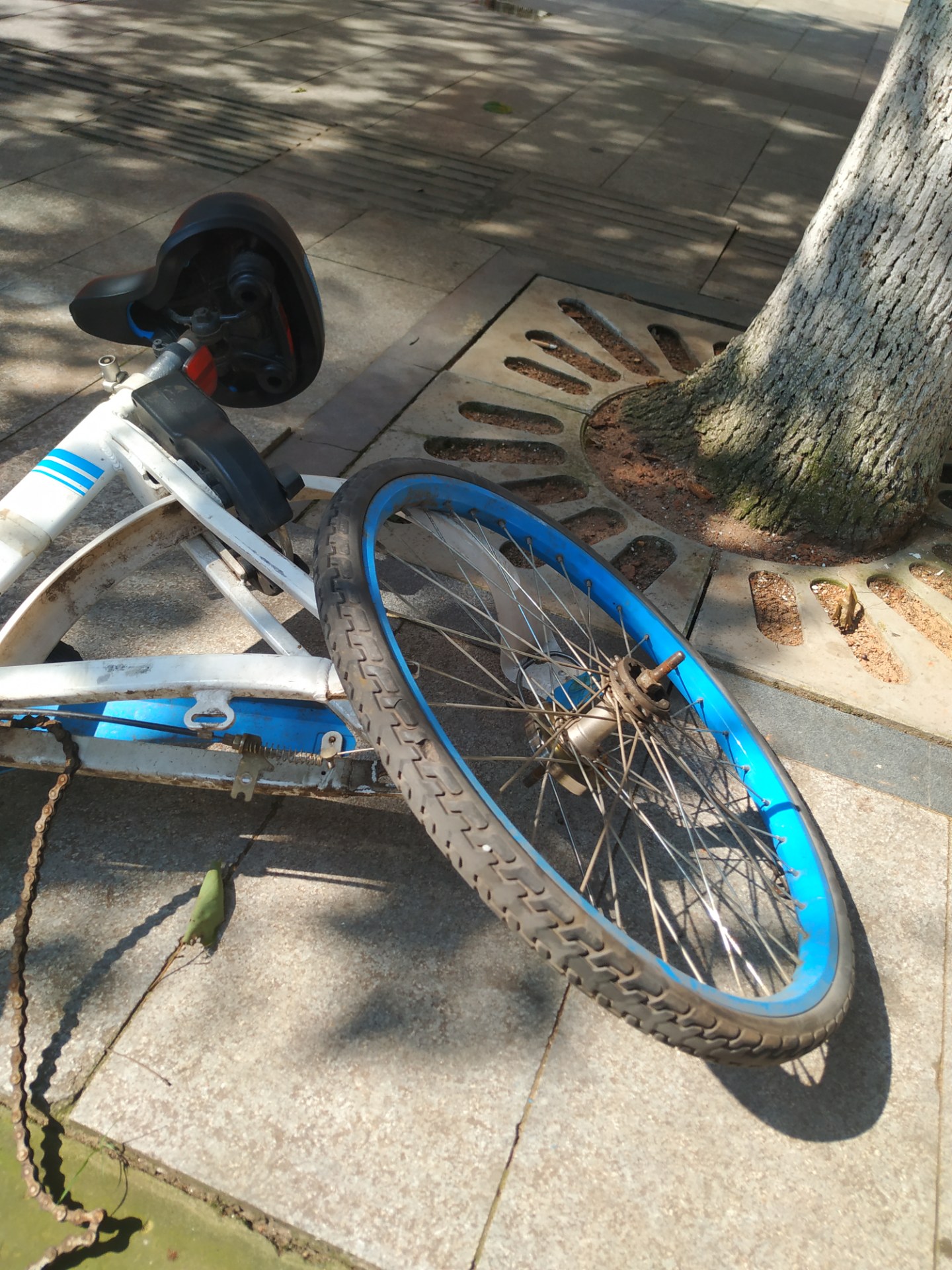 可怜的共享单车,连后轮都被直接掰掉了!