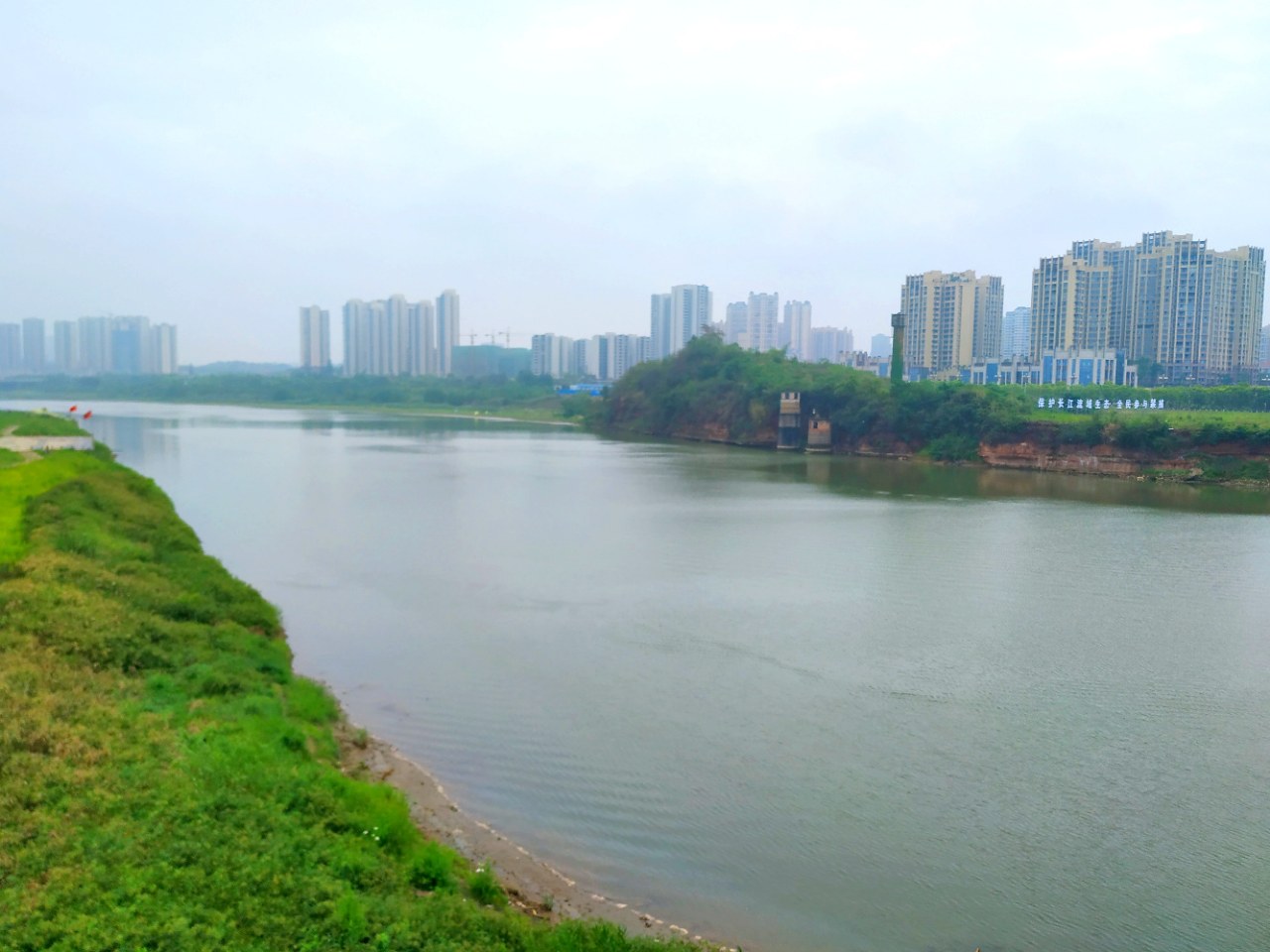 沱江河畔的字库塔与河堤上的景观三角梅遥相呼应!