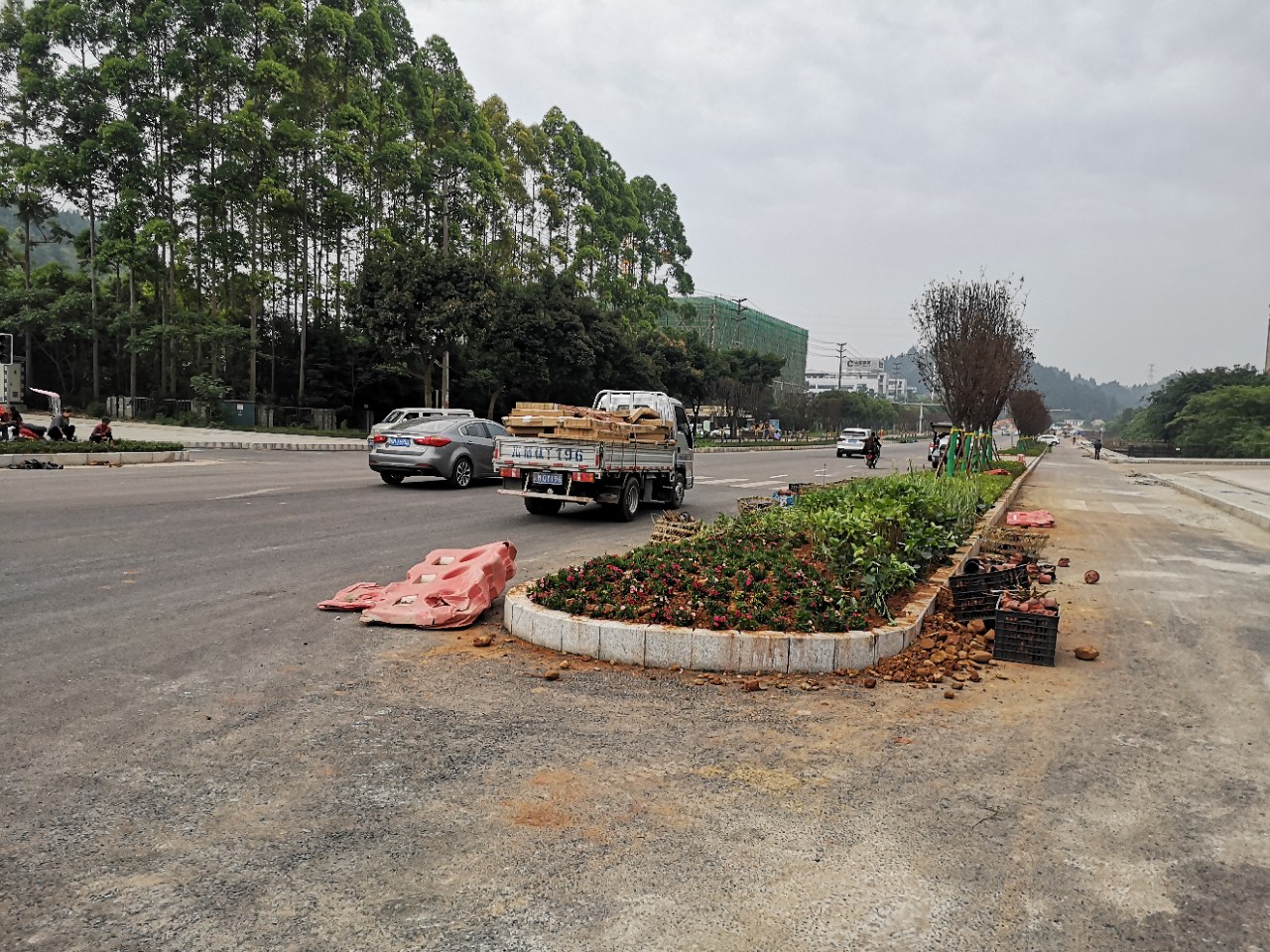 资阳康乐中路十字路口街心花台在做绿化,栽上花草给环境增色不少